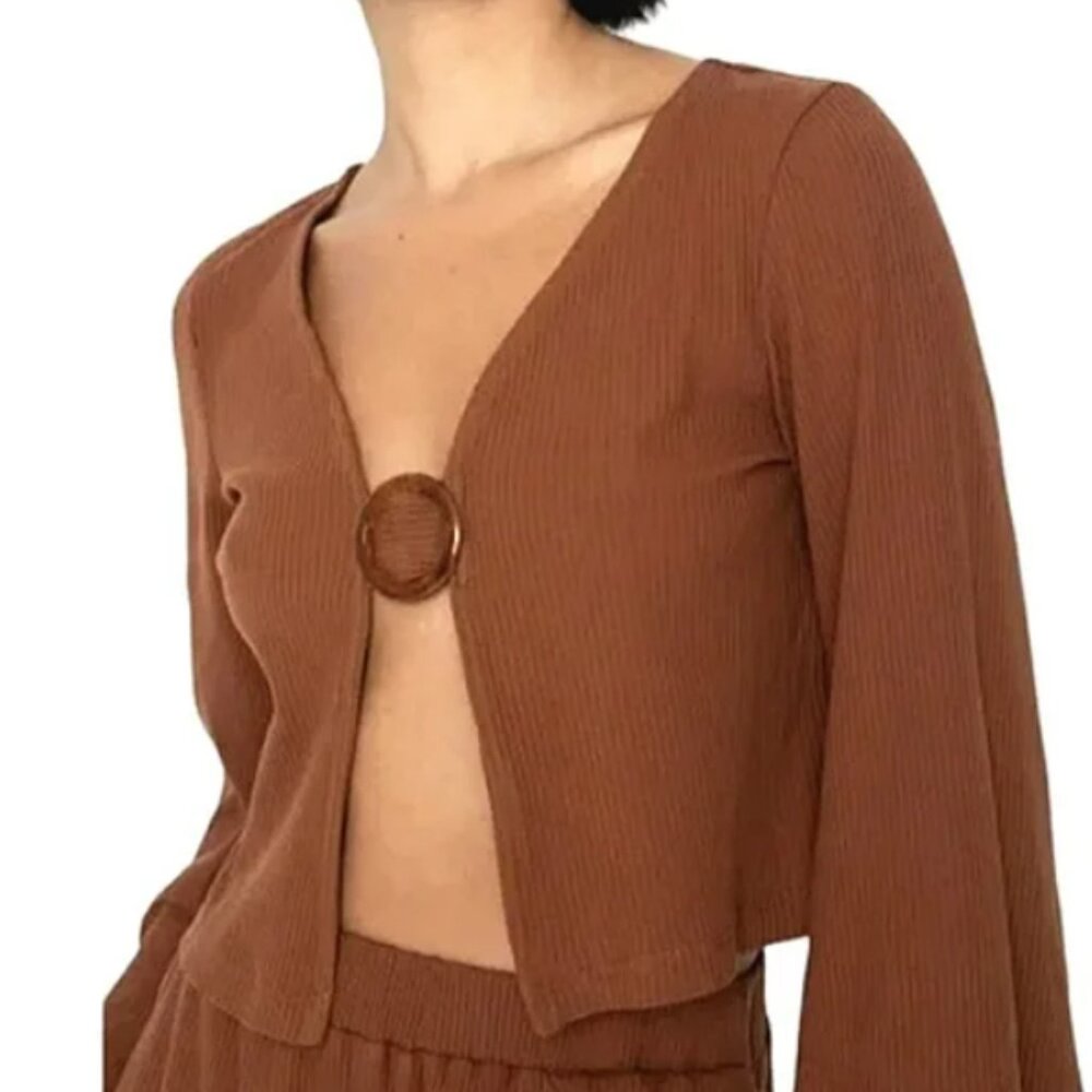 Callahan Vera Long Bell Sleeve V-Neck Ribbed Crop Top/Sweater Coco Mocha - NWT